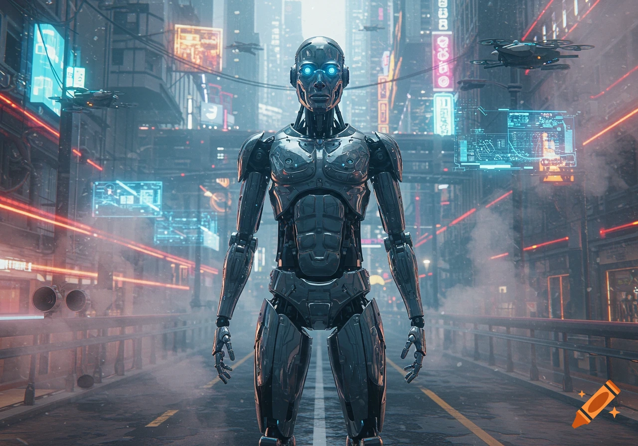 A metallic robot with glowing blue eyes stands in the middle of a futuristic, neon-lit cyberpunk city with flying drones.