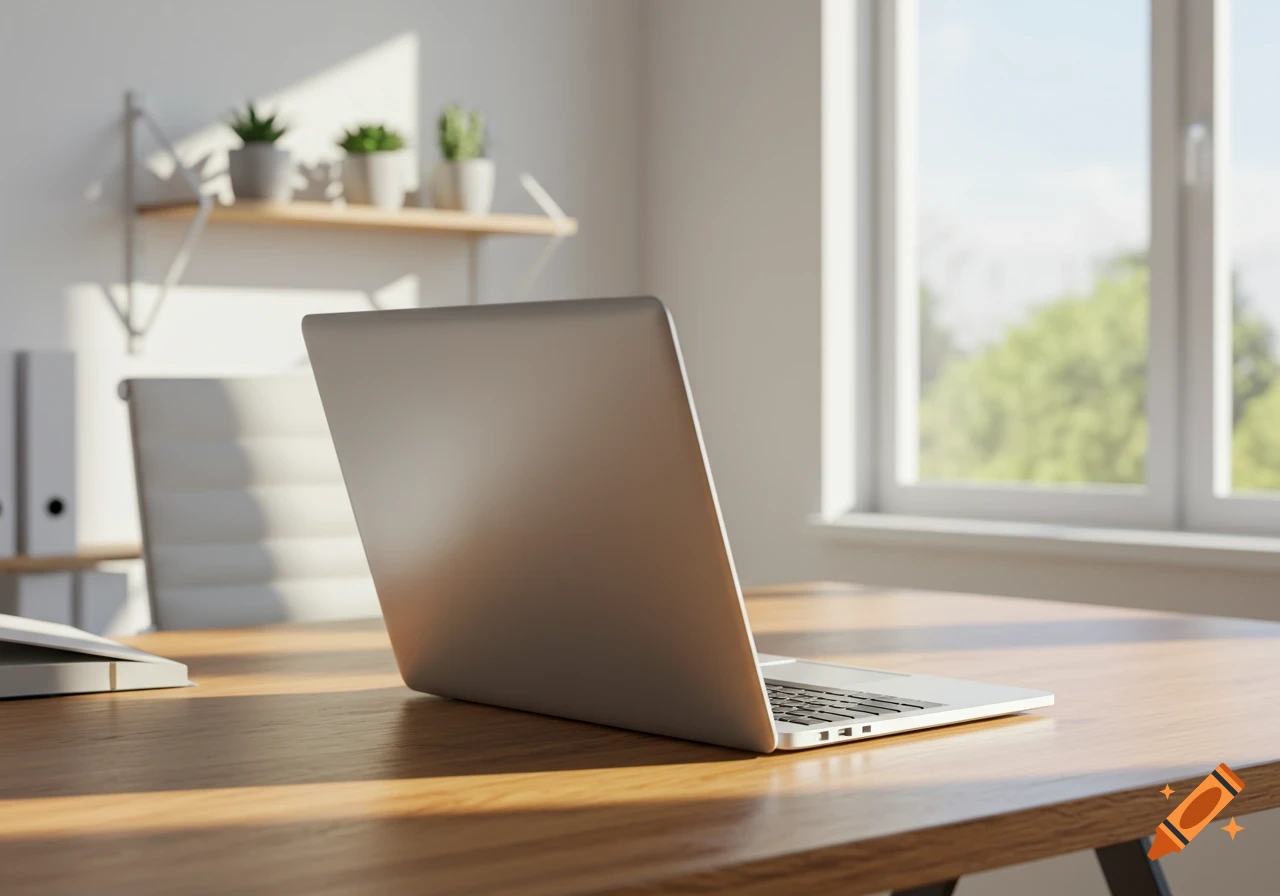A silver laptop sits on a wooden desk in a bright office, with a window revealing green trees outside.