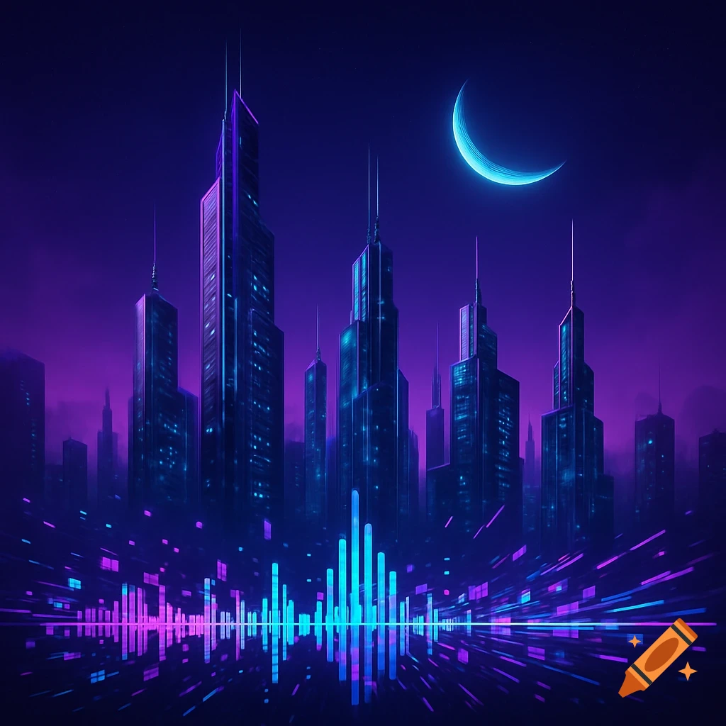A neon purple and blue cyberpunk city skyline at night under a crescent moon, with an audio equalizer graphic below.
