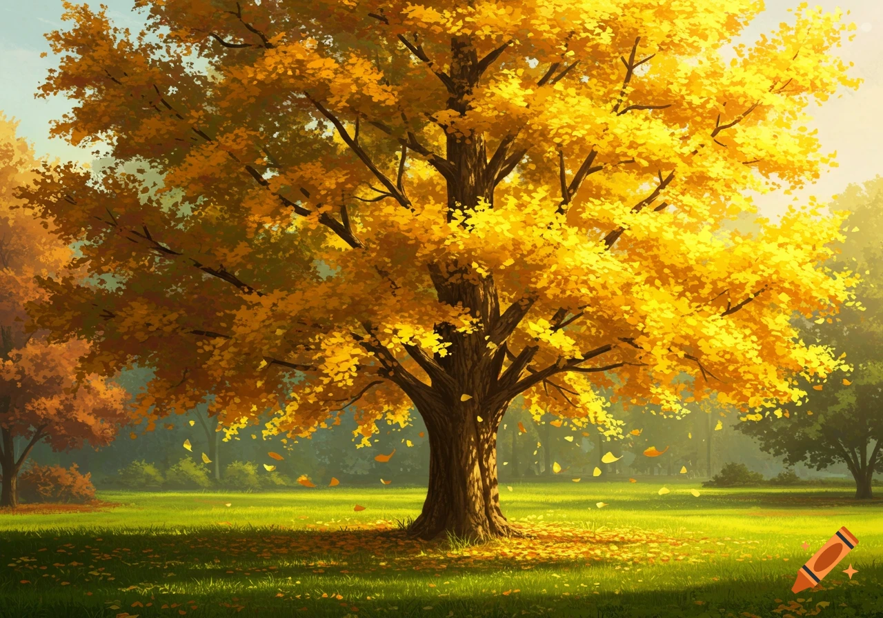 A vibrant ginkgo tree with bright yellow leaves in an autumn park, with fallen leaves on the green grass.