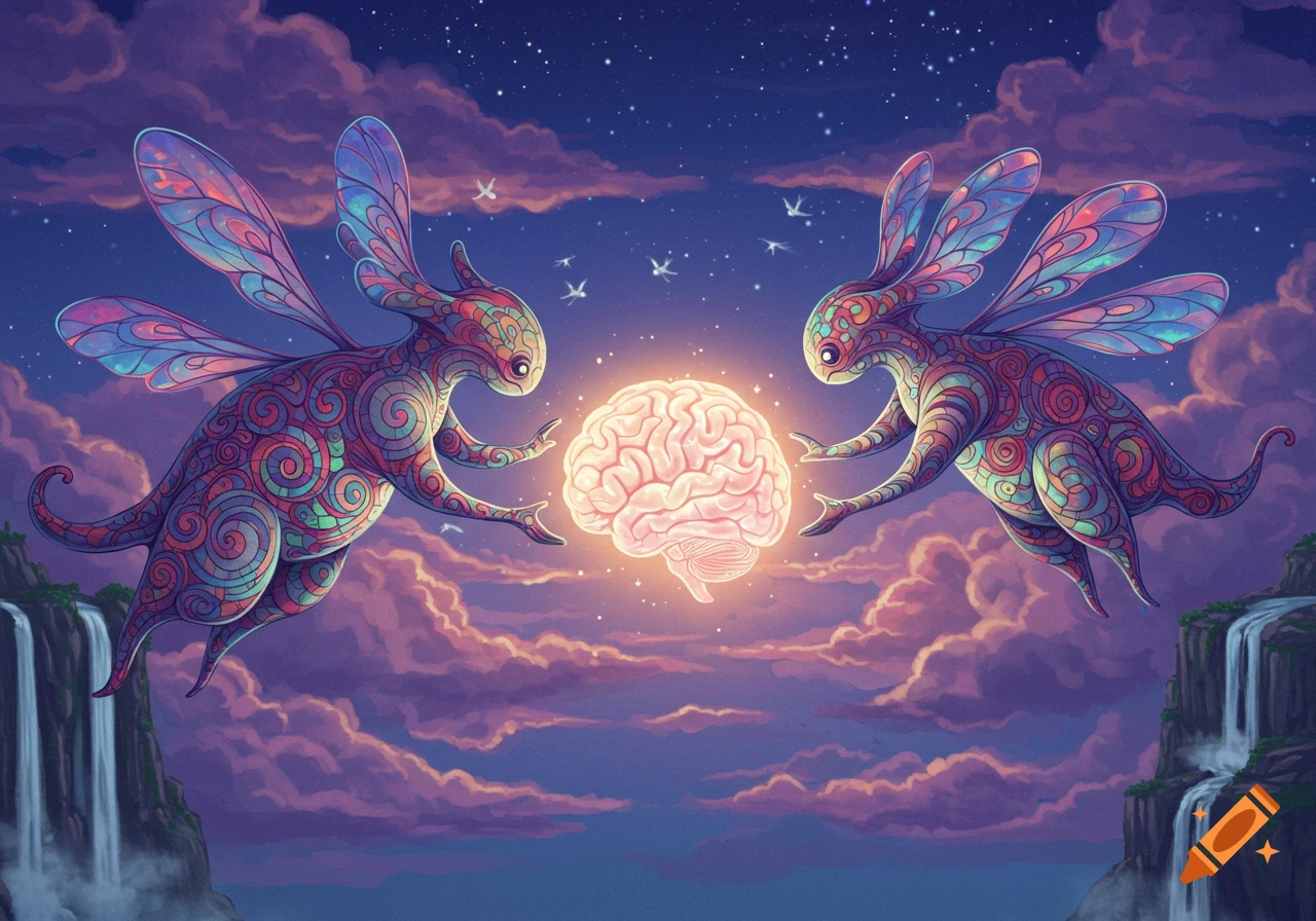 Two colorful, patterned winged fantasy creatures hold a glowing brain in a starry, cloudy night sky above waterfalls in a vibrant illustration.