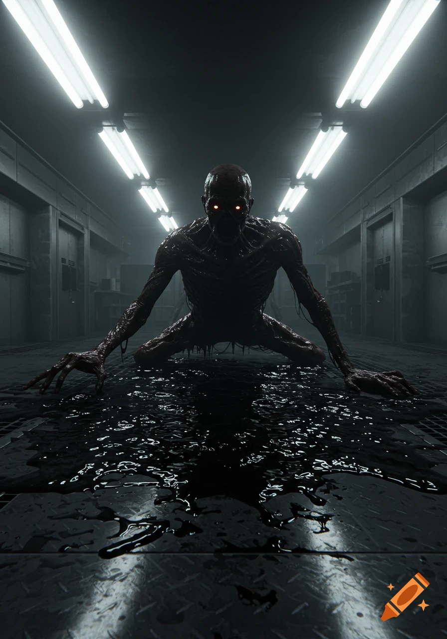 A photorealistic horror image of a gaunt, dark creature with glowing red eyes emerging from a black puddle in a dim, sterile facility.