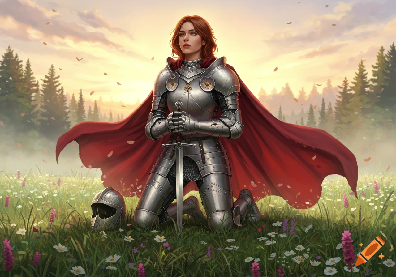 A digital painting of a woman in shining knight's armor kneeling in a field of wildflowers at sunset, holding a sword.