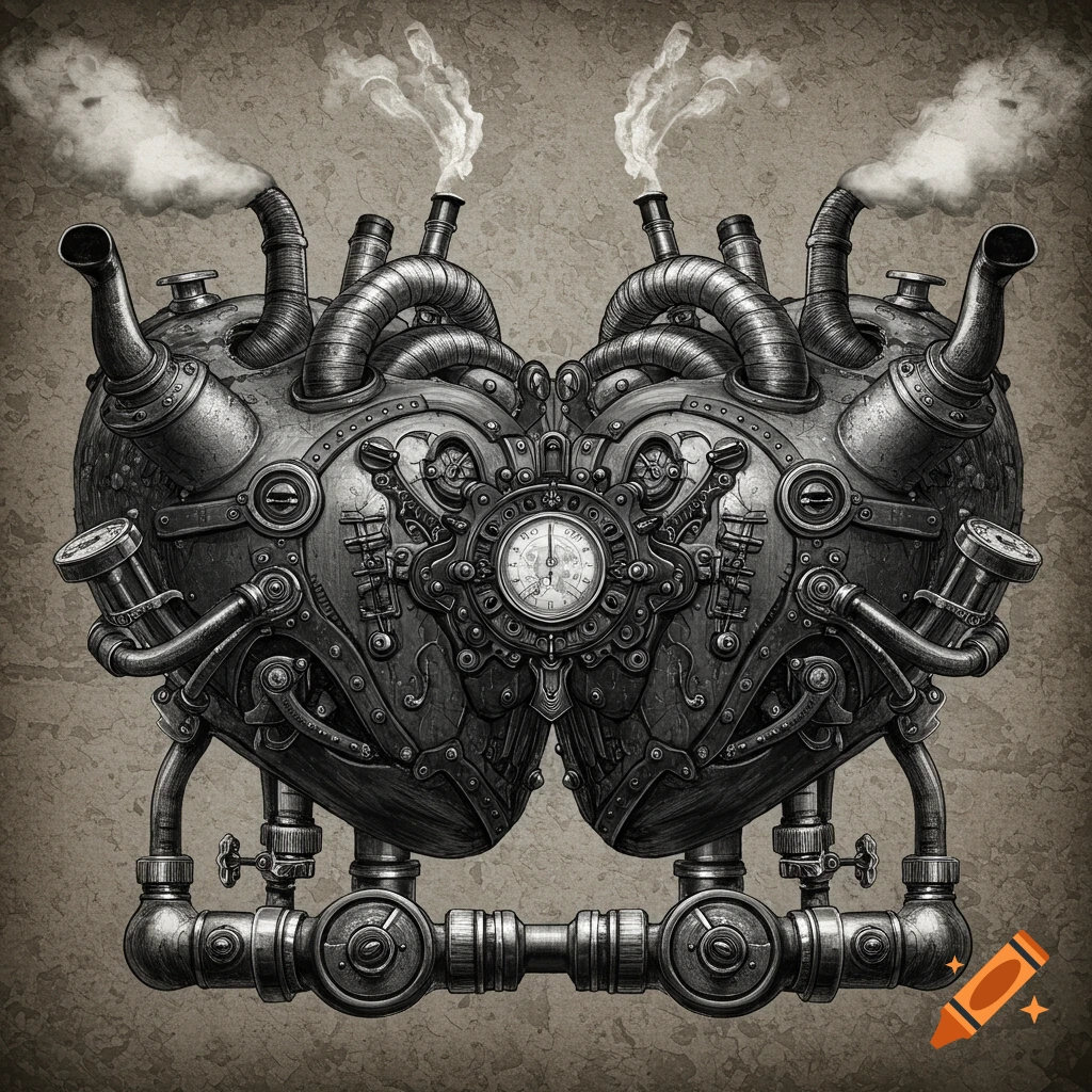 A detailed black and white steampunk mechanical heart made of pipes, gears, and gauges, emitting smoke.