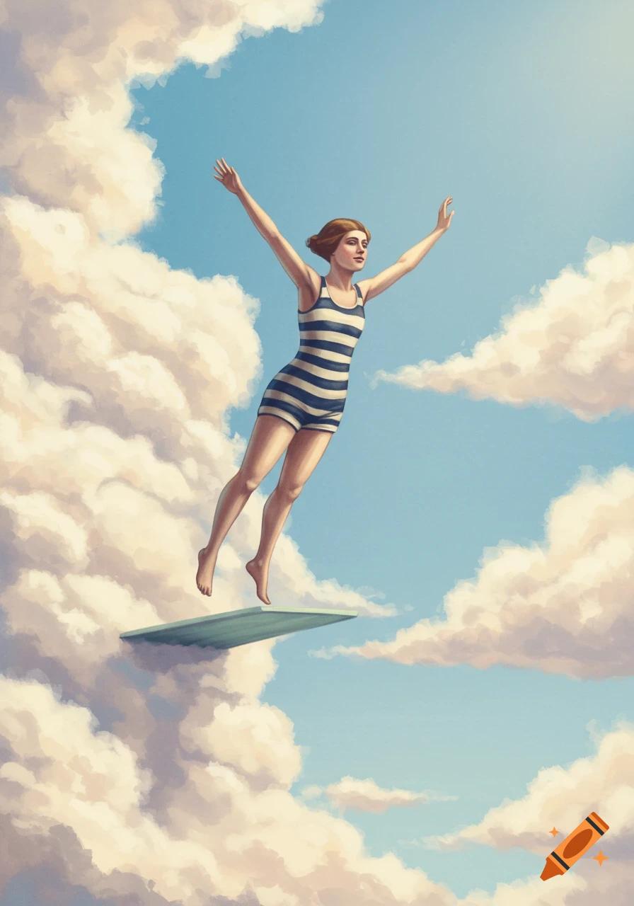 A woman in a vintage striped swimsuit jumps from a cloud-diving board into a bright blue sky filled with clouds, painterly style.