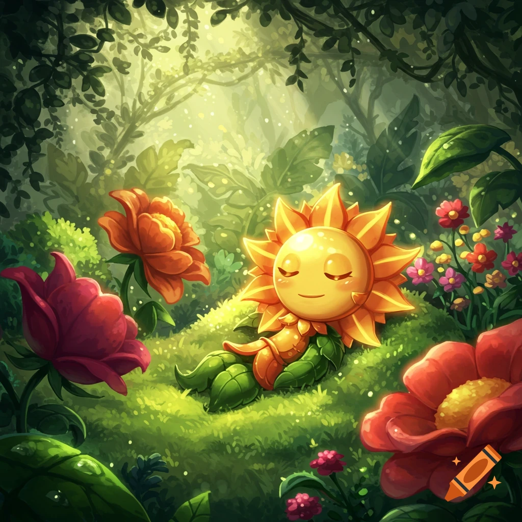 A cute cartoon sun character with a smiling face and leaf body sleeps peacefully in a vibrant, lush forest surrounded by large colorful flowers.