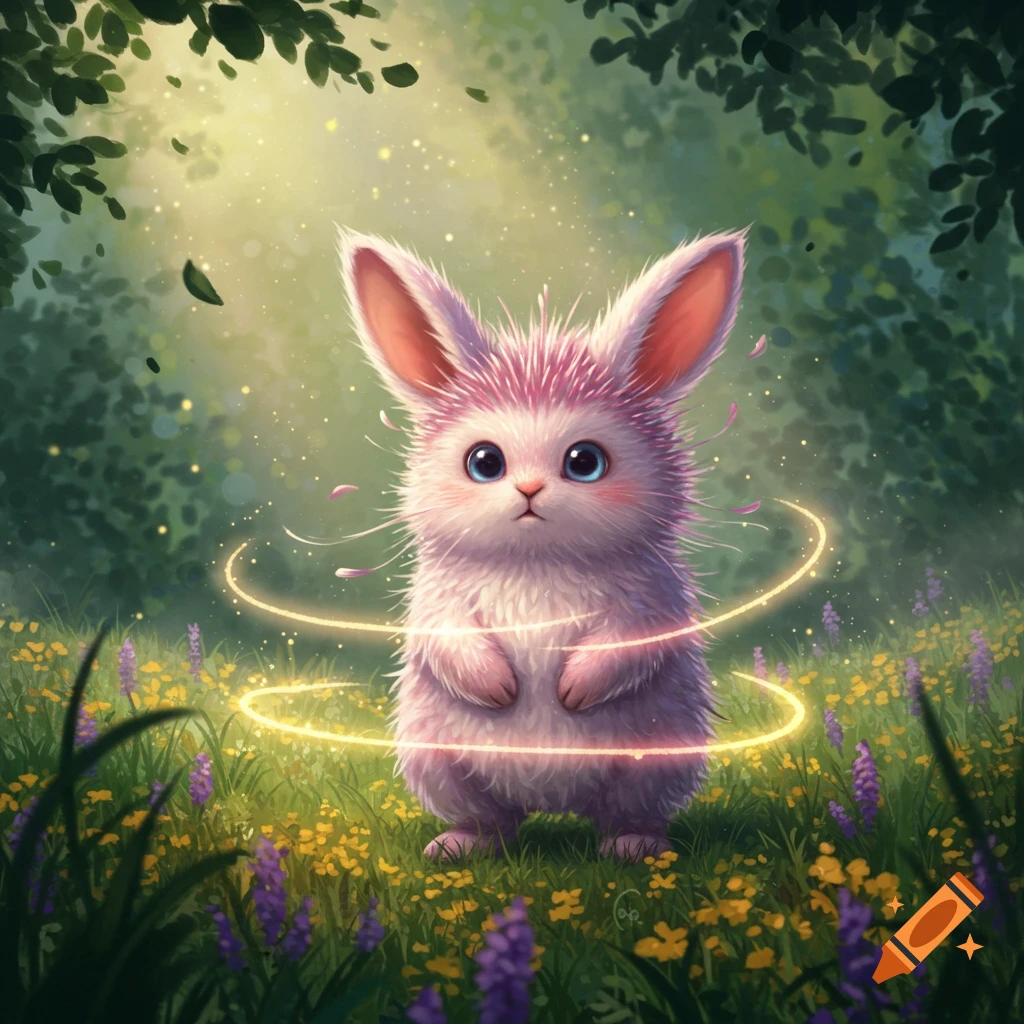 A fluffy pink creature with large ears and blue eyes stands in a sunlit forest with wildflowers, surrounded by glowing golden rings.