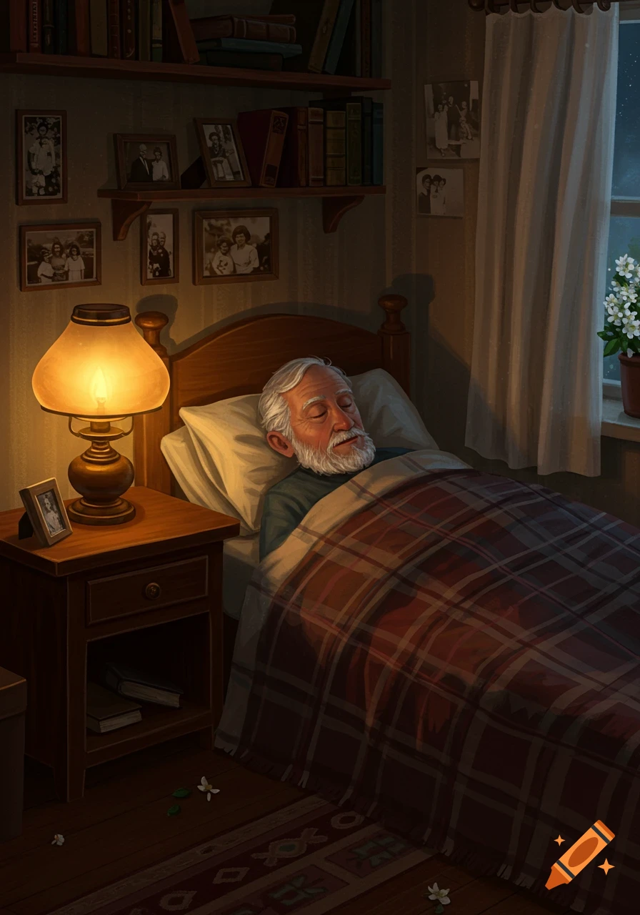 An elderly man with a white beard sleeps peacefully in a cozy, dimly lit bedroom, illuminated by a warm bedside lamp.