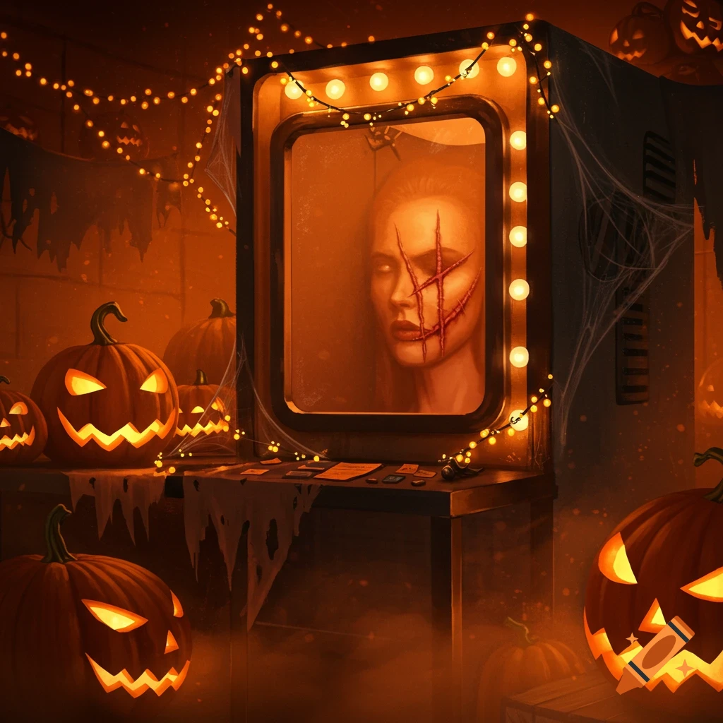 A spooky Halloween scene with a woman's scarred face in a mirror, surrounded by glowing jack-o'-lanterns and string lights, in orange hues.