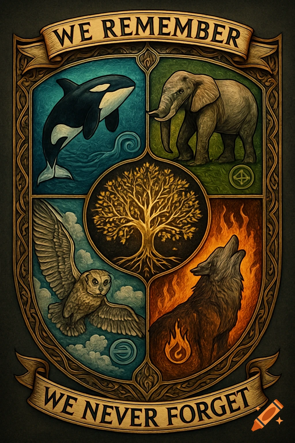A detailed crest featuring an orca, elephant, owl, and howling wolf around a golden tree of life, with "We Remember" and "We Never Forget" text.
