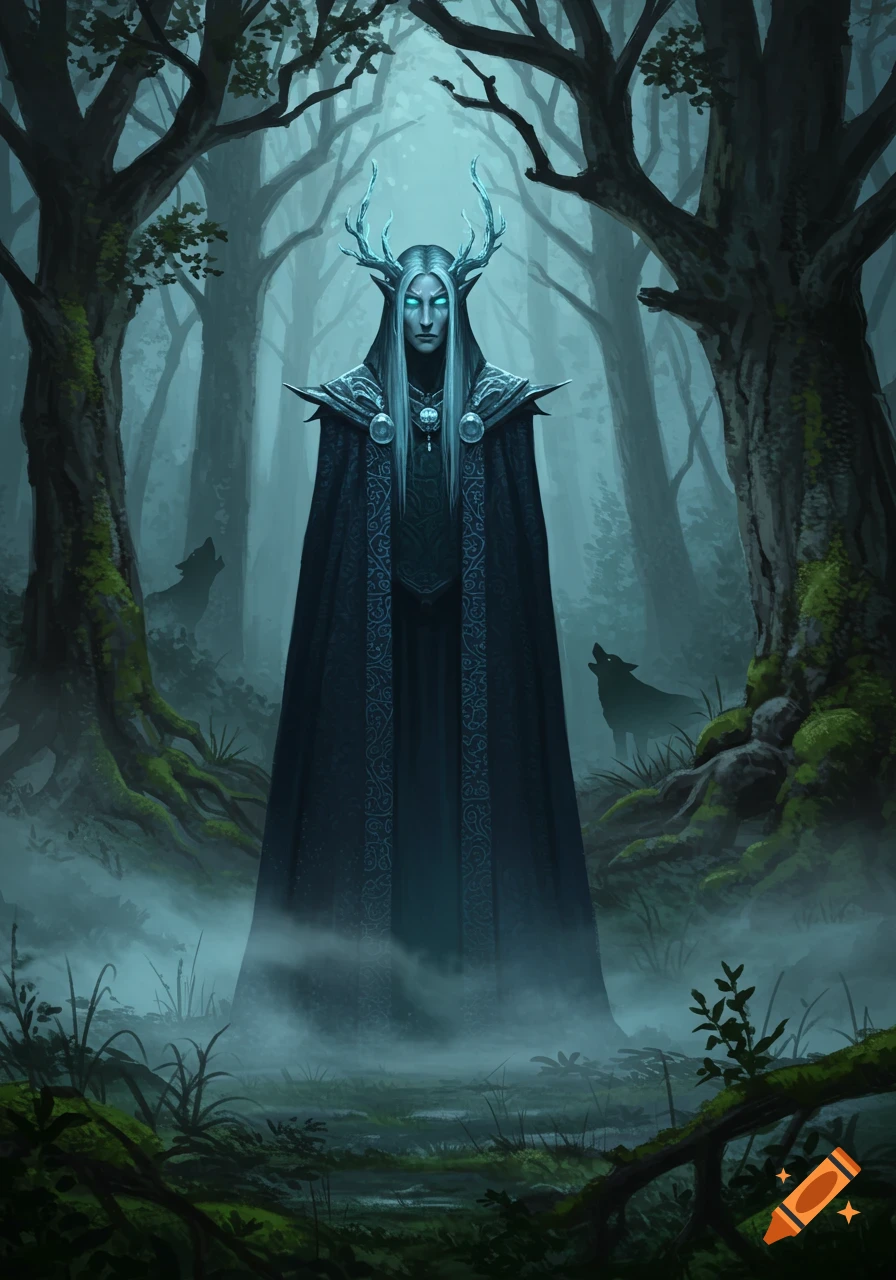 A fantasy illustration of the Erlking, a pale, antlered figure with glowing eyes in dark robes, standing in a misty forest with howling wolves.
