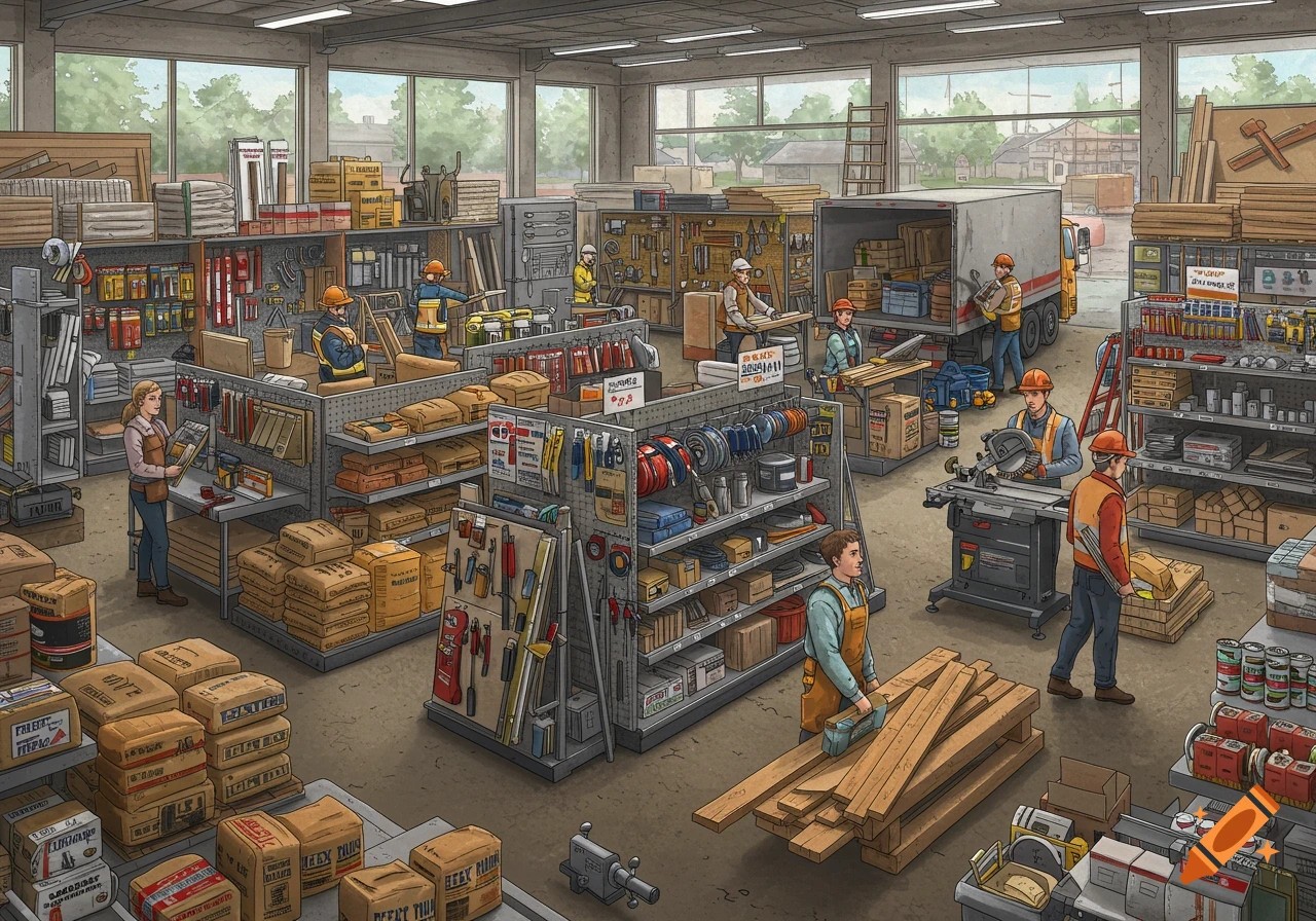 An isometric illustration of a busy hardware store with many workers moving lumber, using power tools, and stocking shelves filled with construction materials and tools.