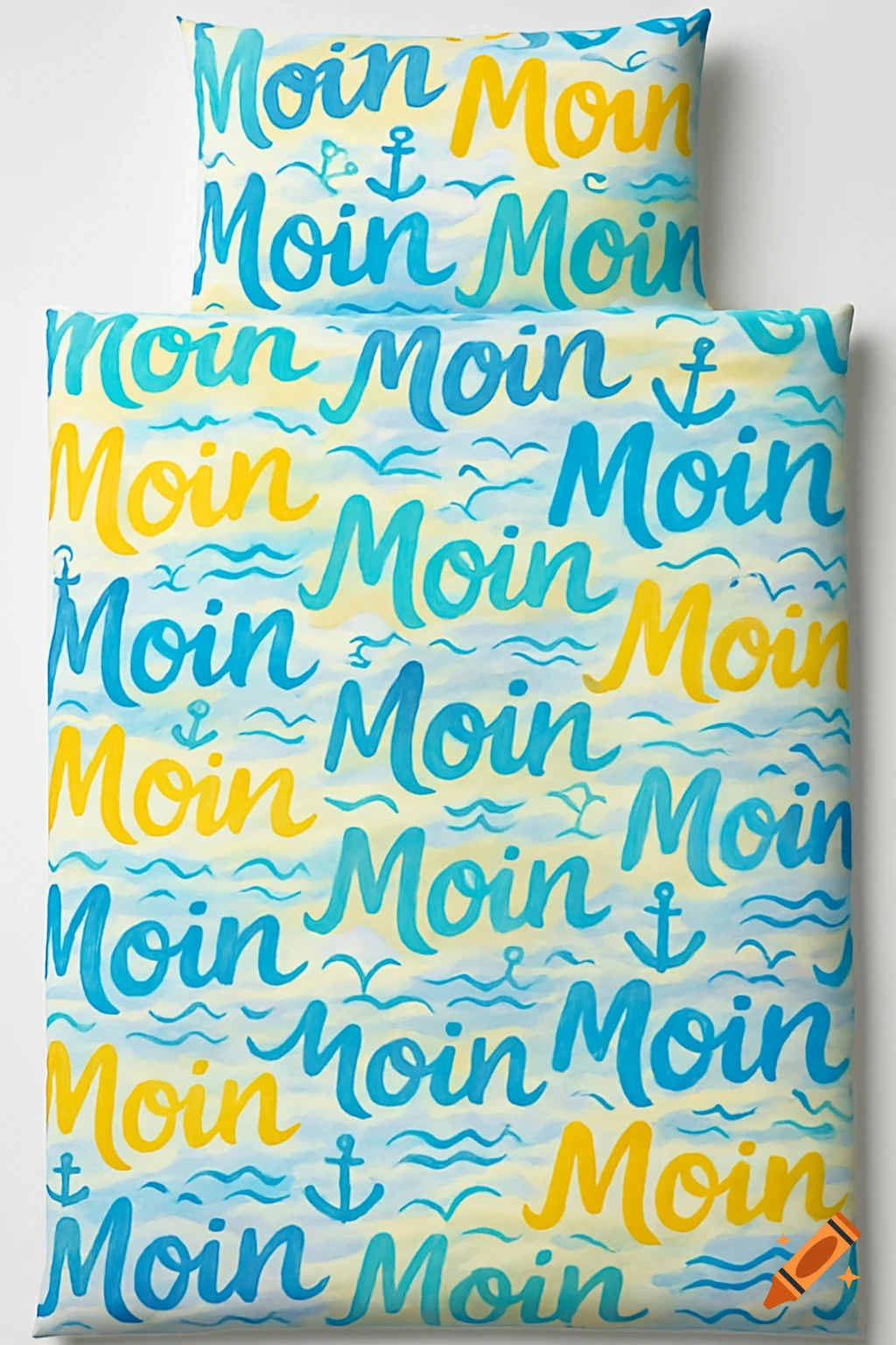 Watercolor-style bed linen with a repeating pattern of "Moin Moin" in blue and yellow script, accented with anchors.