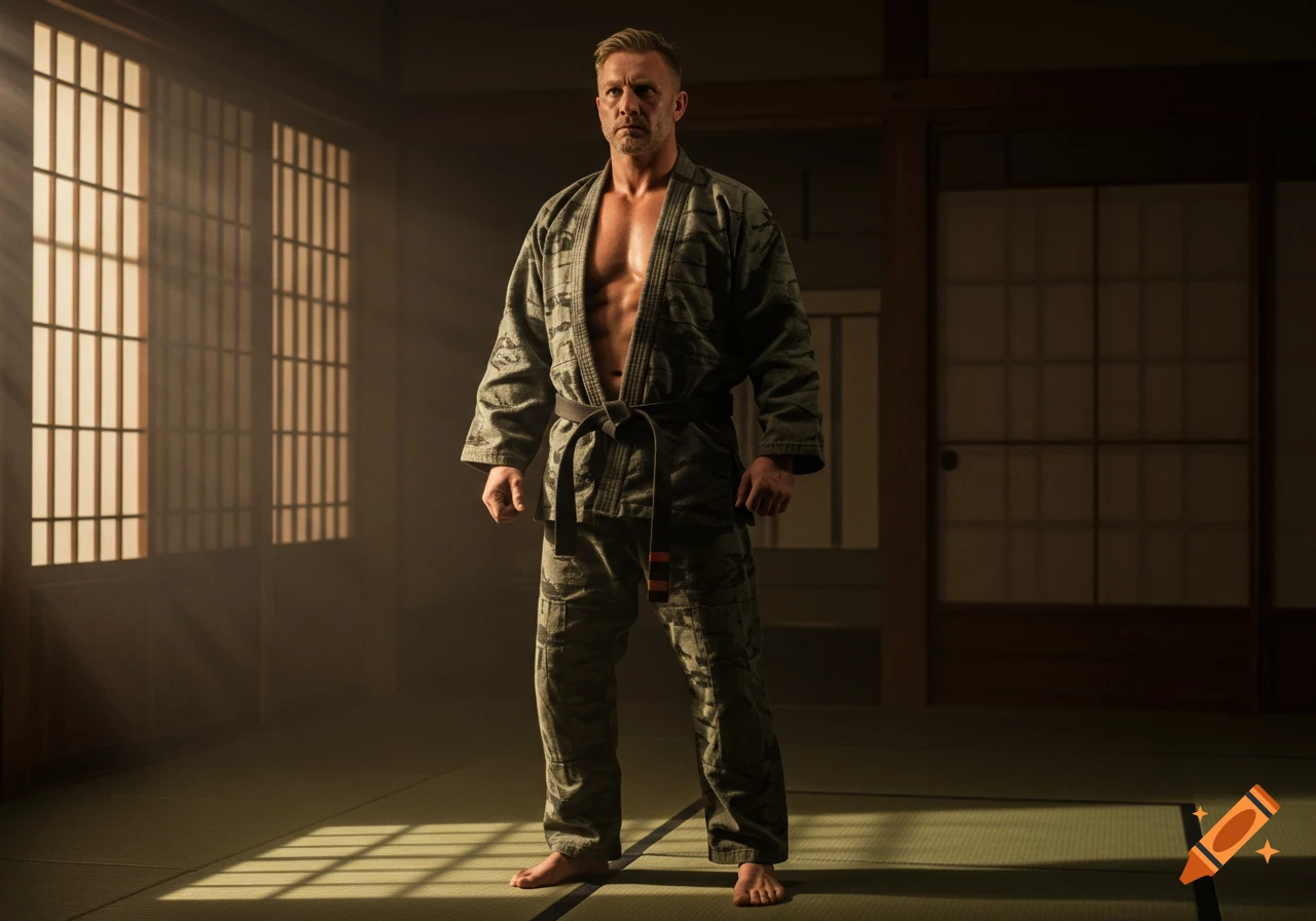 A confident, athletic man in a camo-patterned martial arts kimono stands shirtless in a sunlit dojo.