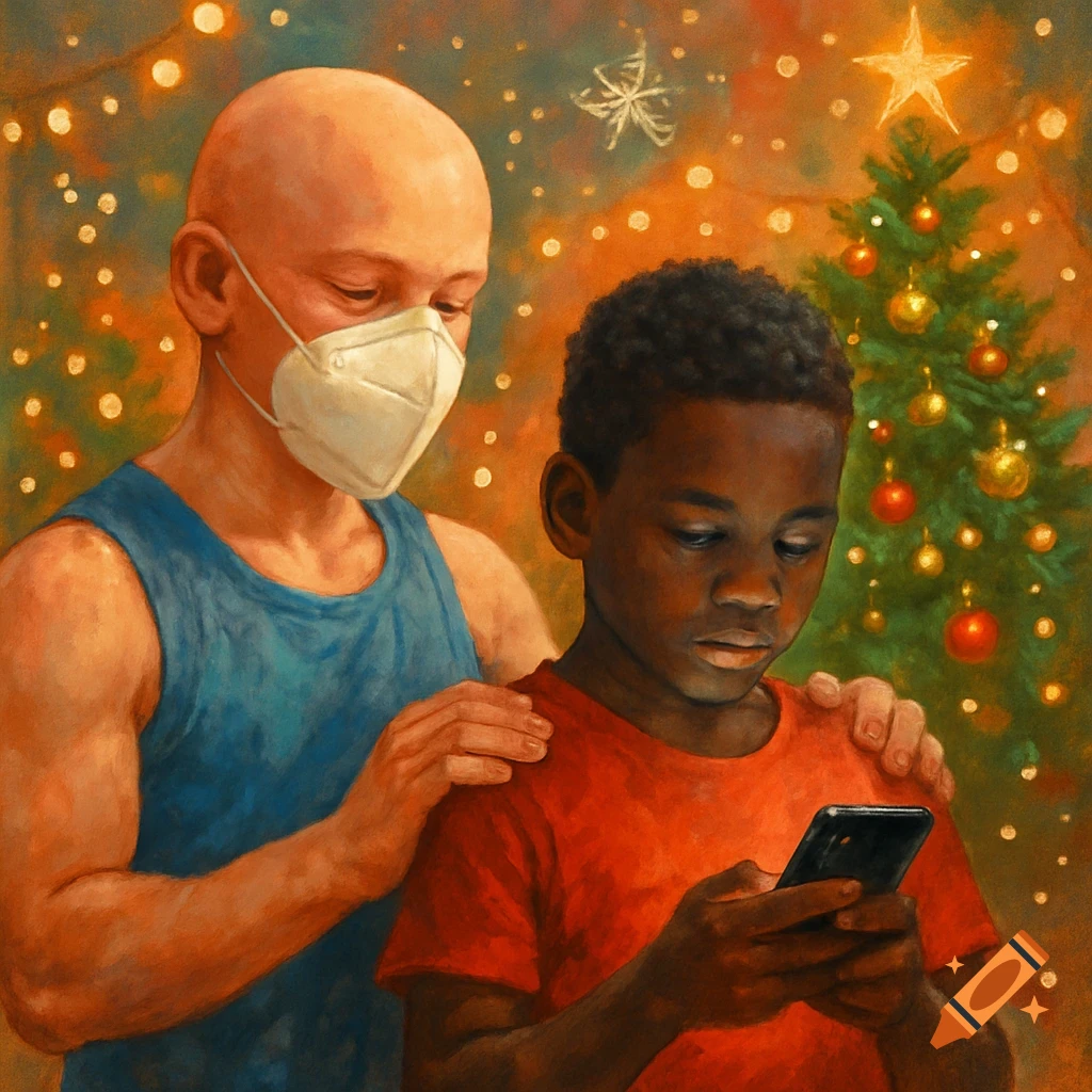 A bald boy in a mask touches the shoulder of another boy looking at his phone, in front of a Christmas tree.