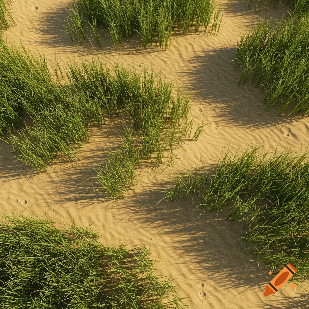 Top-down view of a sandy landscape with numerous green dune grass patches, showing ripples in the sand and distinct shadows.