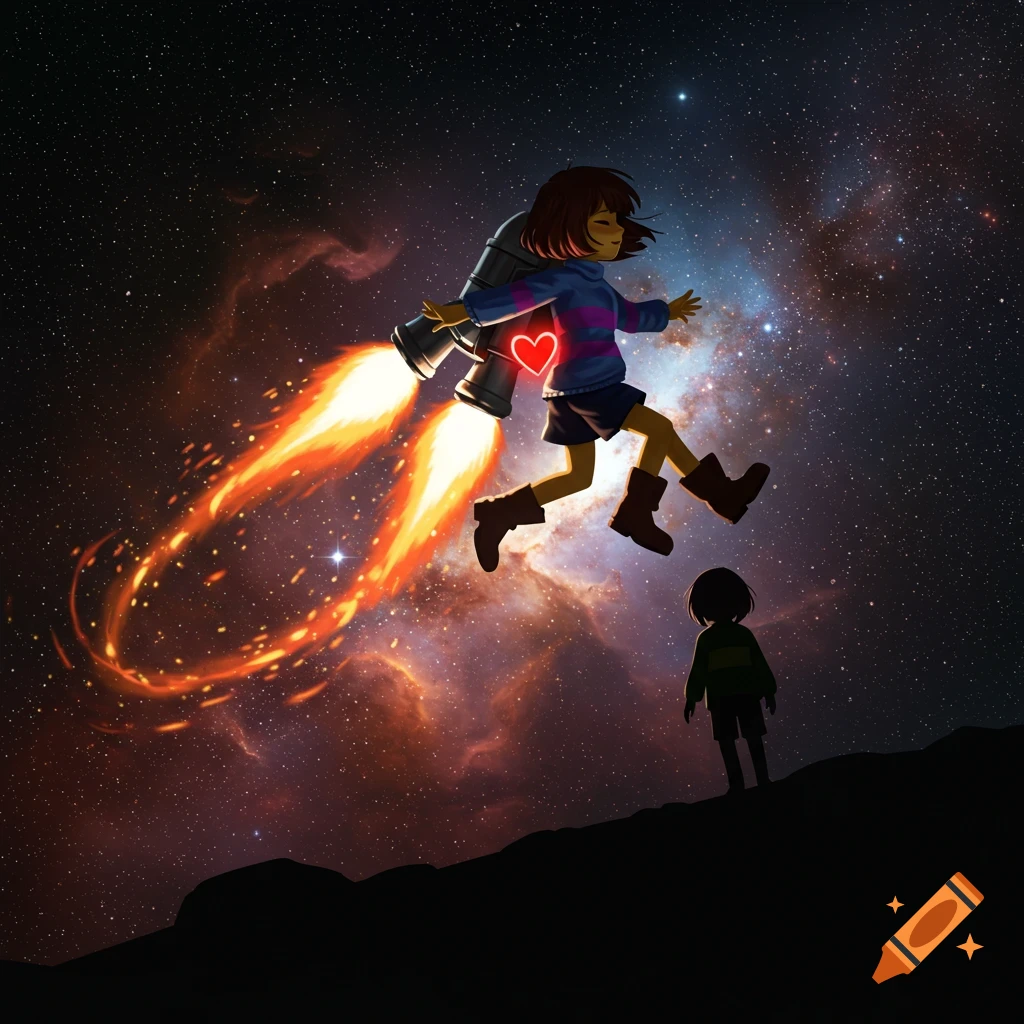 Frisk with a jetpack flies through a cosmic nebula, a red heart near her, as Chara watches from a dark hill.
