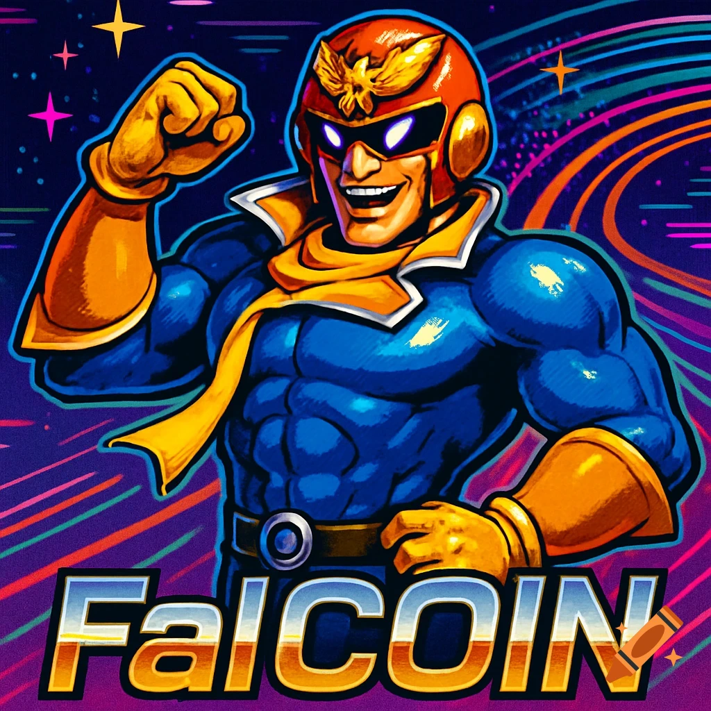 Vibrant comic book art of Captain Falcon flexing with 'FalCOIN' text, against a starry, colorful space background.