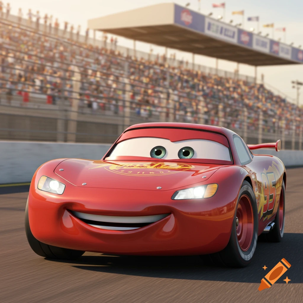 Lightning McQueen from Disney Pixar's Cars on a racetrack, with a crowd in the stadium behind him.