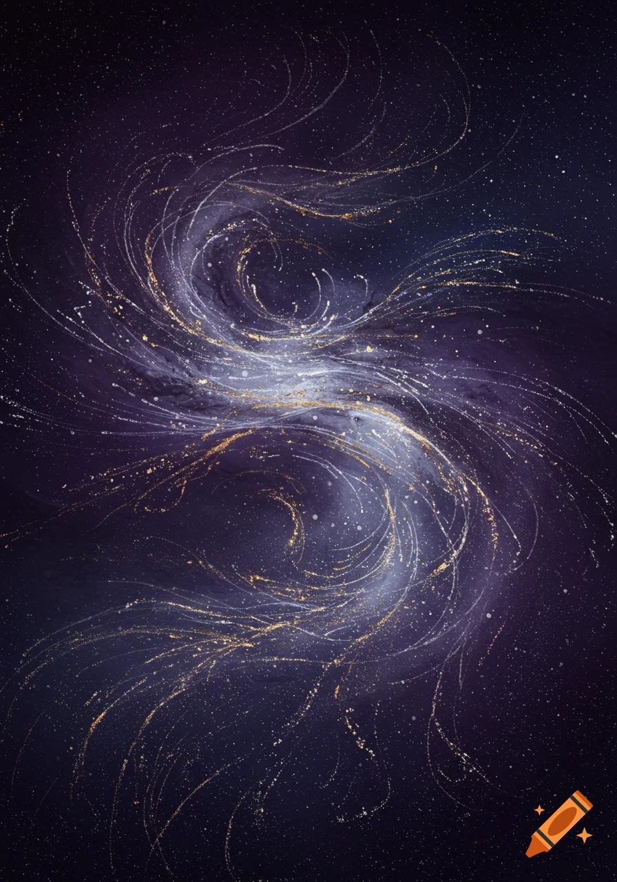 Abstract swirl of white and gold light against a dark purple, star-dusted background, resembling a nebula.
