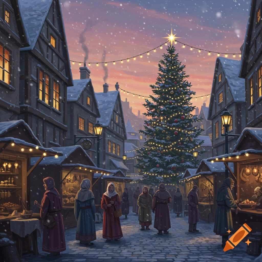 A snowy Christmas market scene in a medieval European town square at dusk, with a large decorated Christmas tree and people browsing stalls.