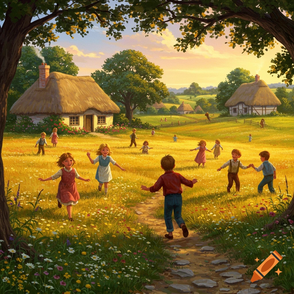 Children playing in a golden sunlit meadow with thatched-roof cottages in the background, illustrated in a vibrant, painterly style.