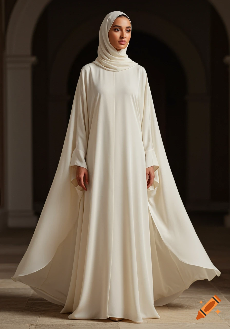 An elegant woman stands gracefully in a luxurious ivory cream silk abaya and matching hijab.