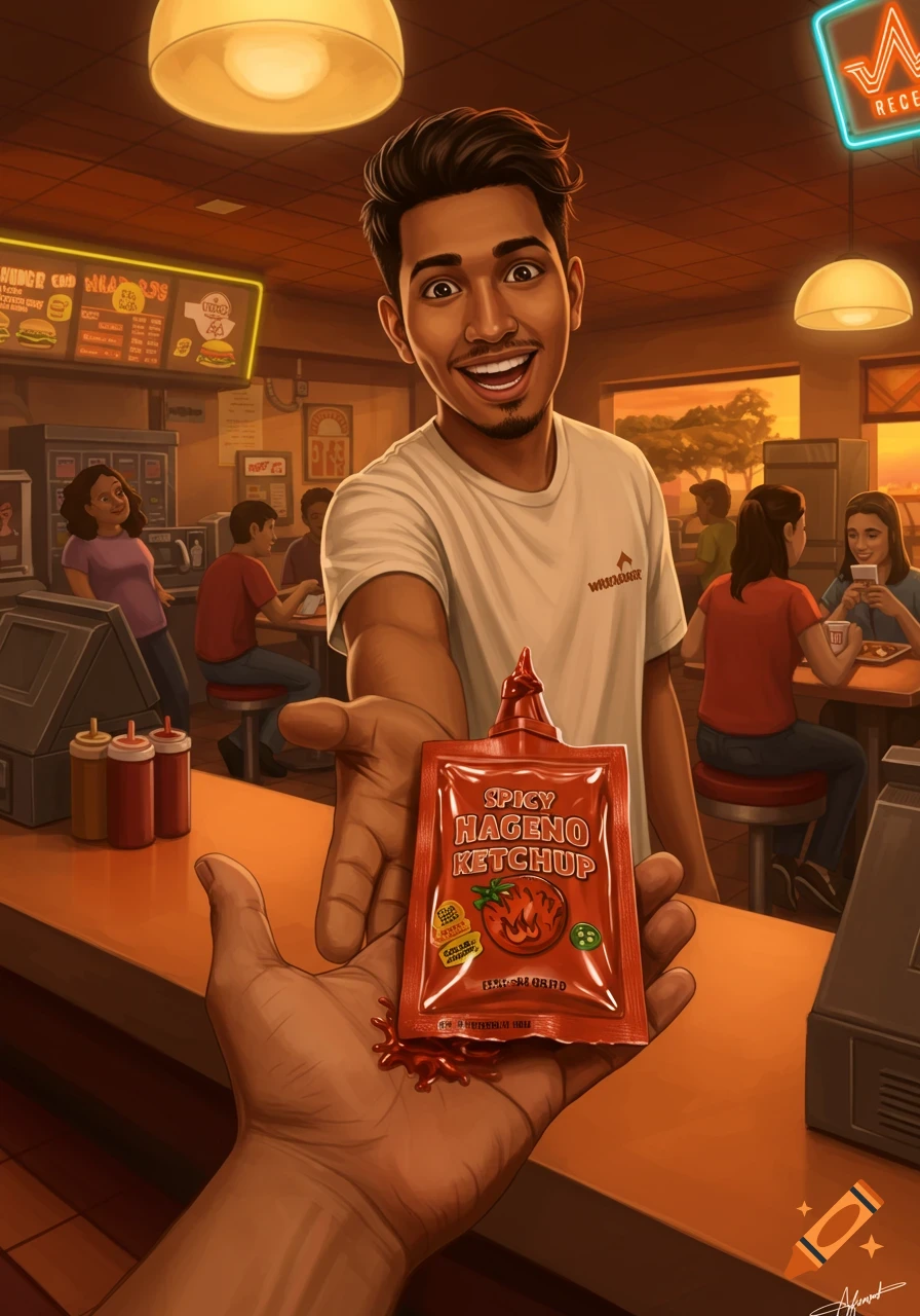 A smiling man in a white t-shirt hands a red "Spicy Ketchup" packet to a person in a busy fast-food restaurant, stylized as a cartoon.