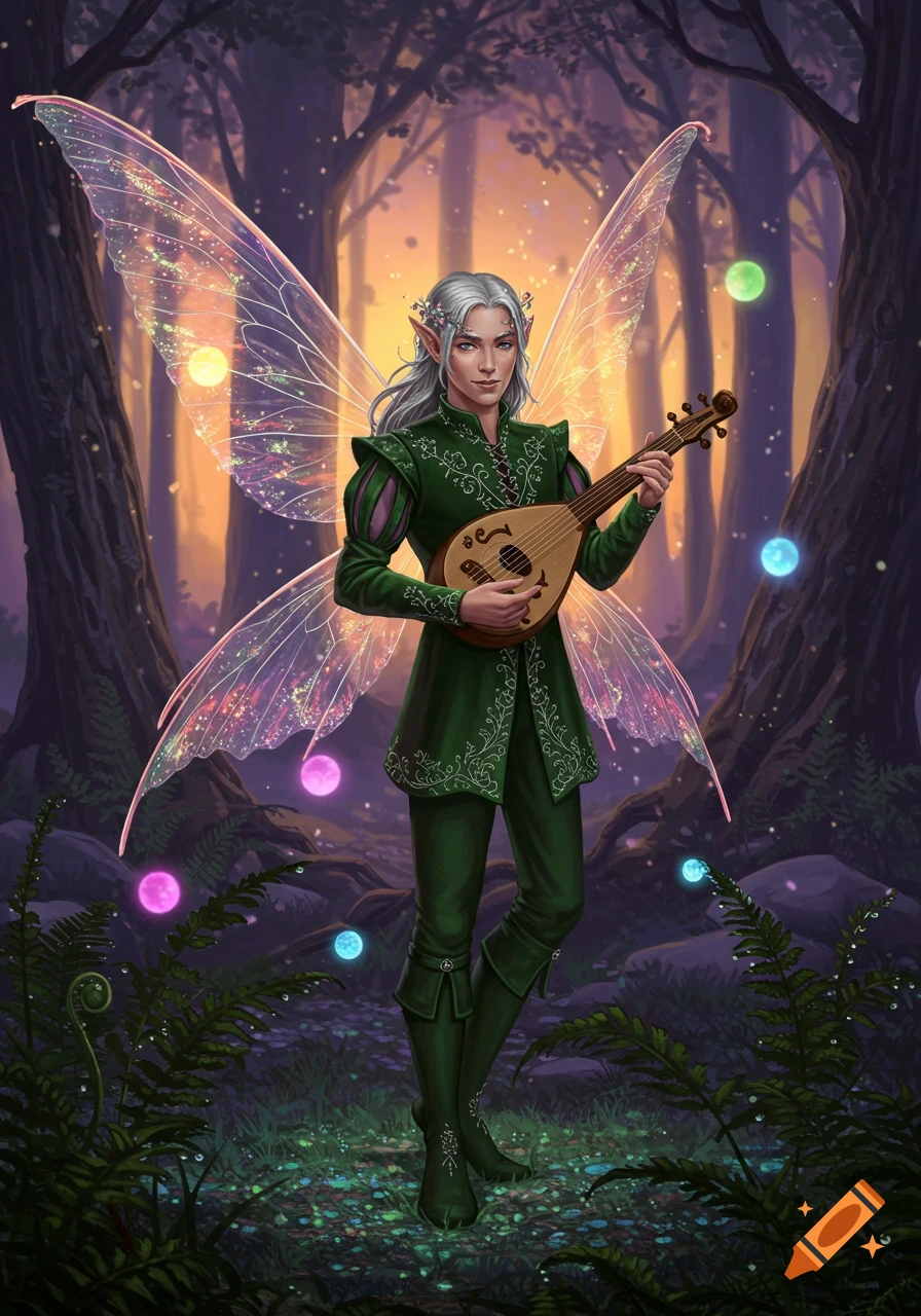 A male fairy bard with white hair and pointed ears, wearing a green tunic, plays a lute in a magical, glowing forest.