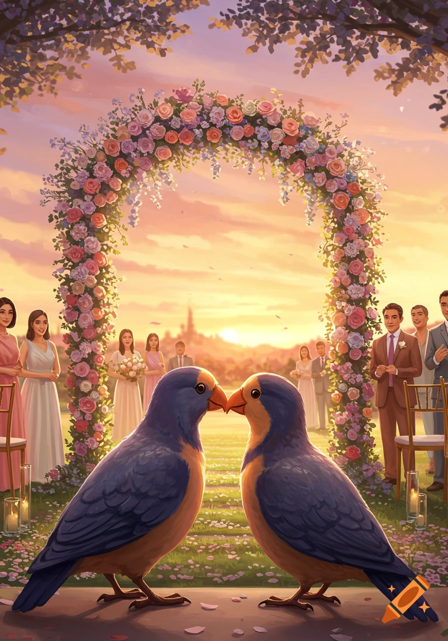 Two stylized lovebirds kiss at an outdoor wedding ceremony with a floral arch and guests at sunset.