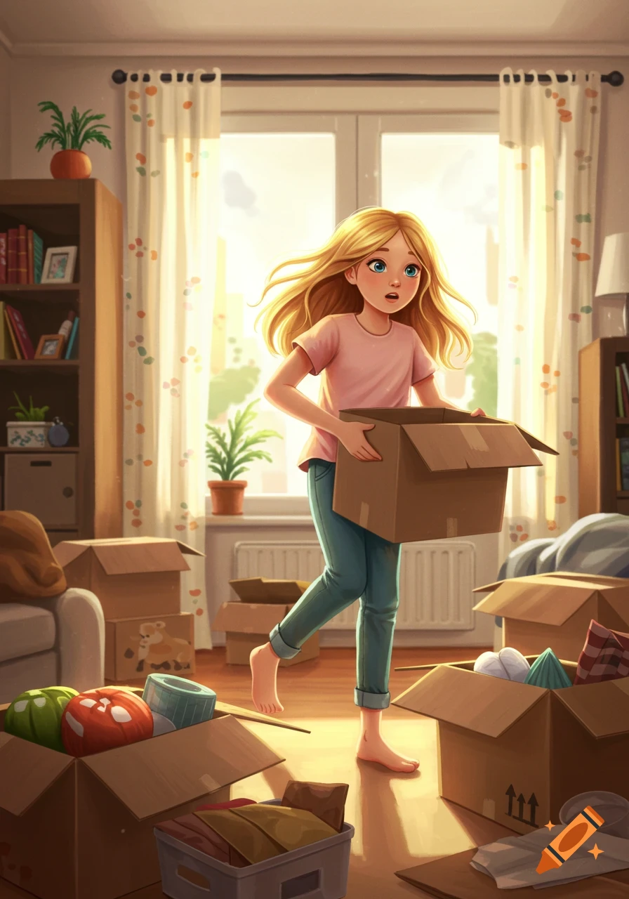 A cartoon girl with long blonde hair carries a moving box in a sunny apartment filled with unpacked boxes.