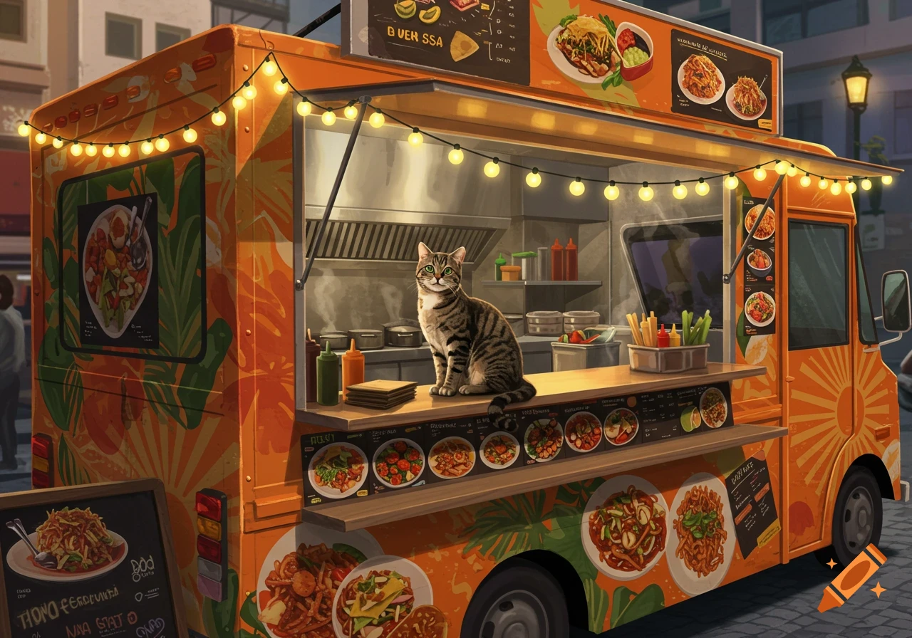 A tabby cat sits on the counter of an orange food truck adorned with string lights and serving various food dishes.