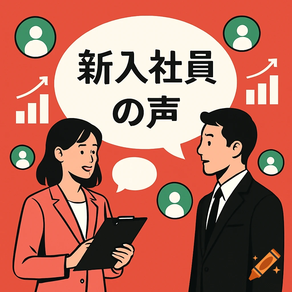 A flat design infographic with a red background. A woman in a pink blazer faces a man in a suit, with a speech bubble showing "新入社員の声".