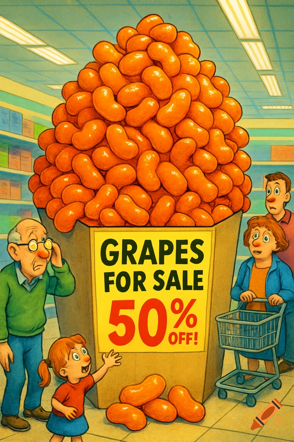 Cartoonish illustration of a large bin labeled 'Grapes For Sale - 50% Off!' filled with orange beans in a supermarket, with confused shoppers looking on.