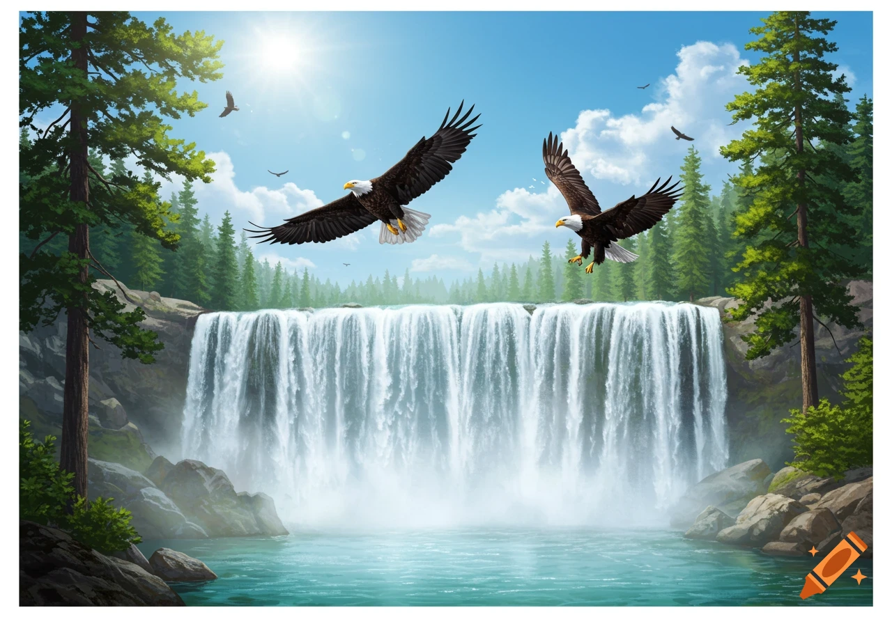 Two bald eagles soar above a large, powerful waterfall with a forest backdrop under a bright blue sky.