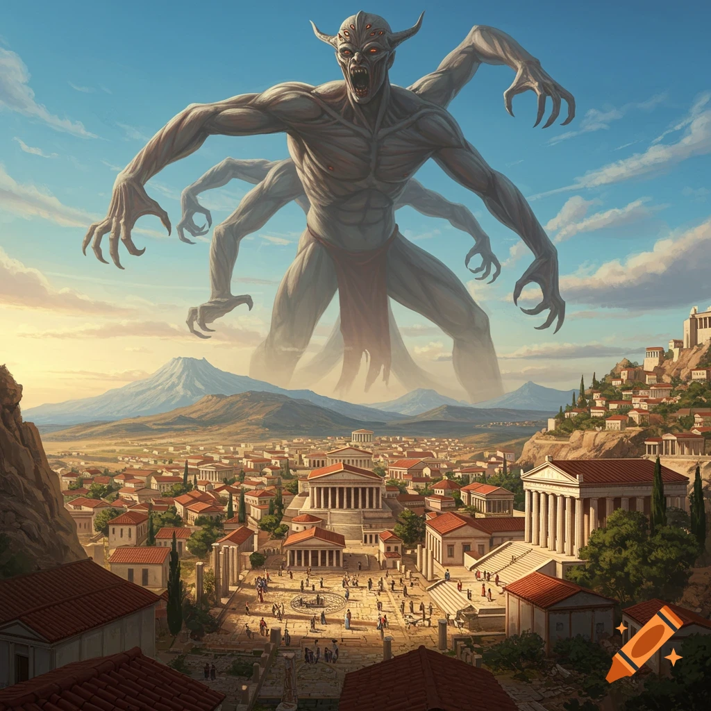 A giant multi-armed, horned monster with multiple eyes overlooks an ancient Greek city with temples and many people below a blue sky.