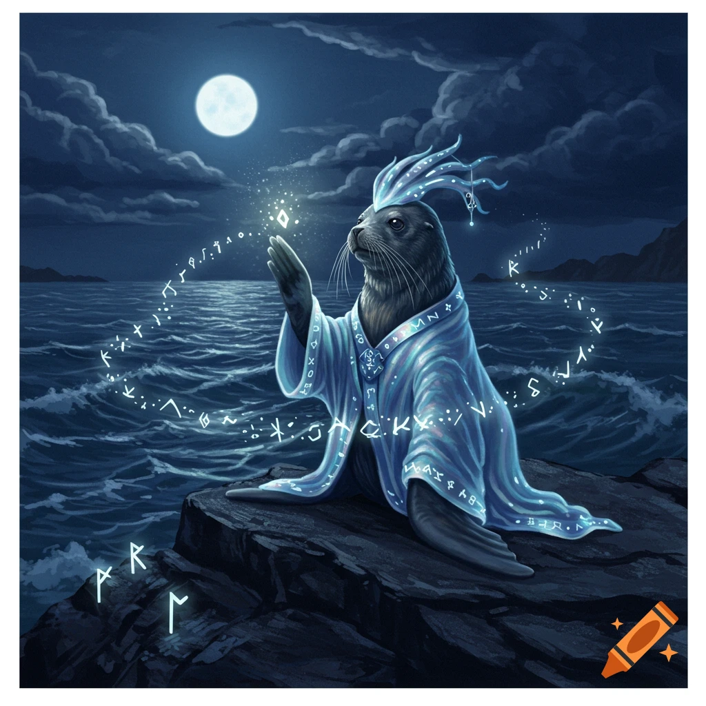 A magical seal wizard in a blue robe casts glowing runes over the ocean under a full moon at night.