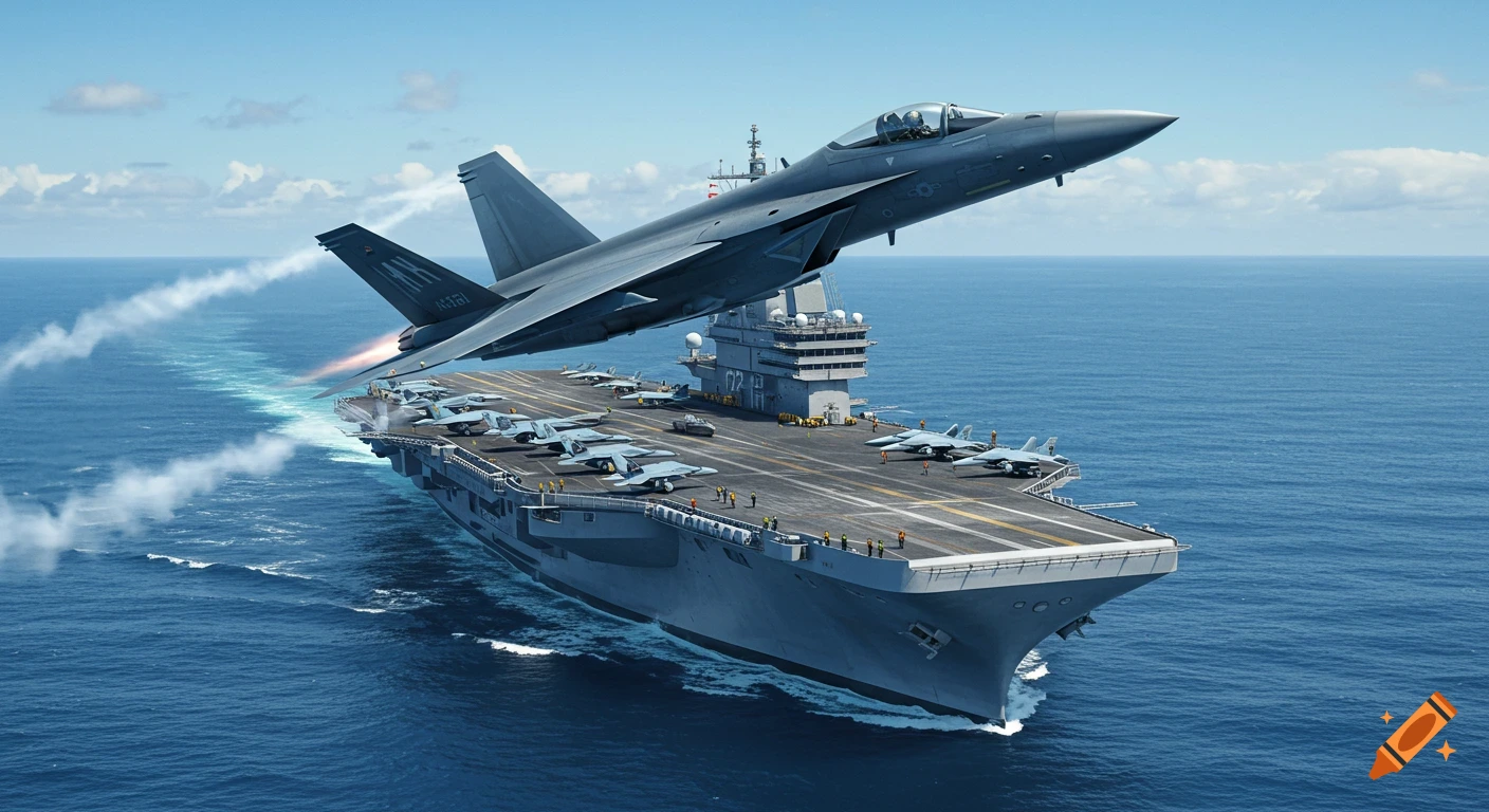 Photorealistic image of a grey jet fighter taking off from an aircraft carrier on a clear day, with other jets on deck.