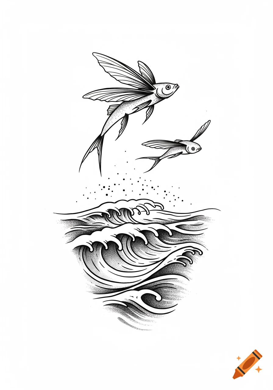 Black and white tattoo-style illustration of two flying fish soaring over stylized ocean waves.