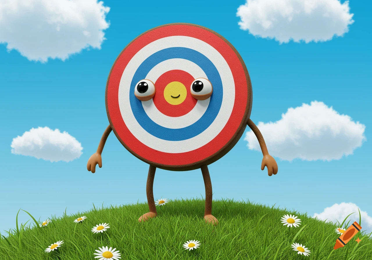 A happy cartoon target with googly eyes, arms, and legs stands on a grassy hill with daisies under a blue sky.