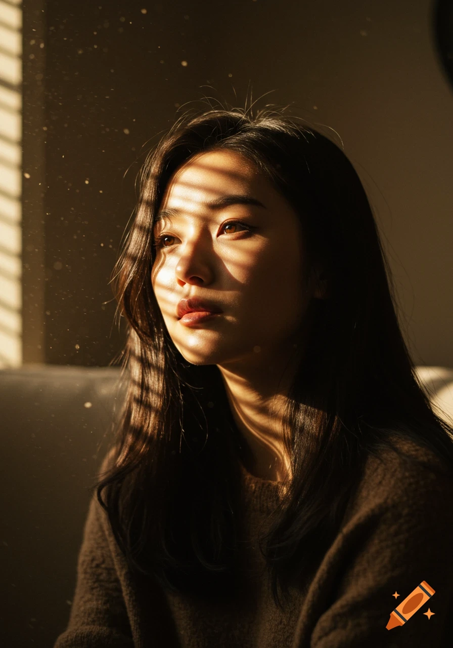A close-up portrait of a young Asian woman bathed in warm sunlight filtering through blinds, creating striking shadows and illuminating dust motes.
