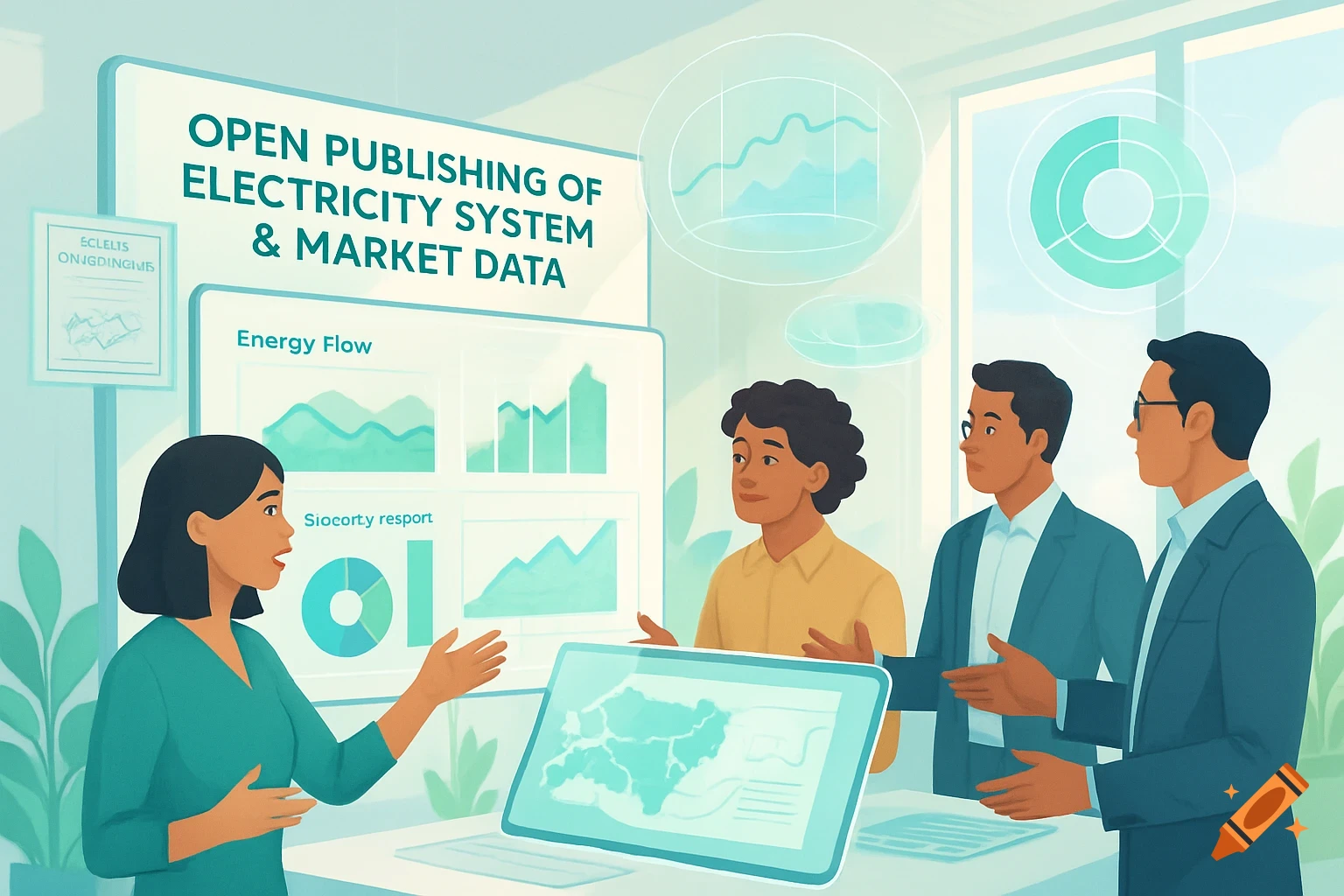 An illustration of four people in a meeting room, one woman presenting data on a large screen displaying "Open Publishing of Electricity System & Market Data" and various charts. A laptop shows a map.
