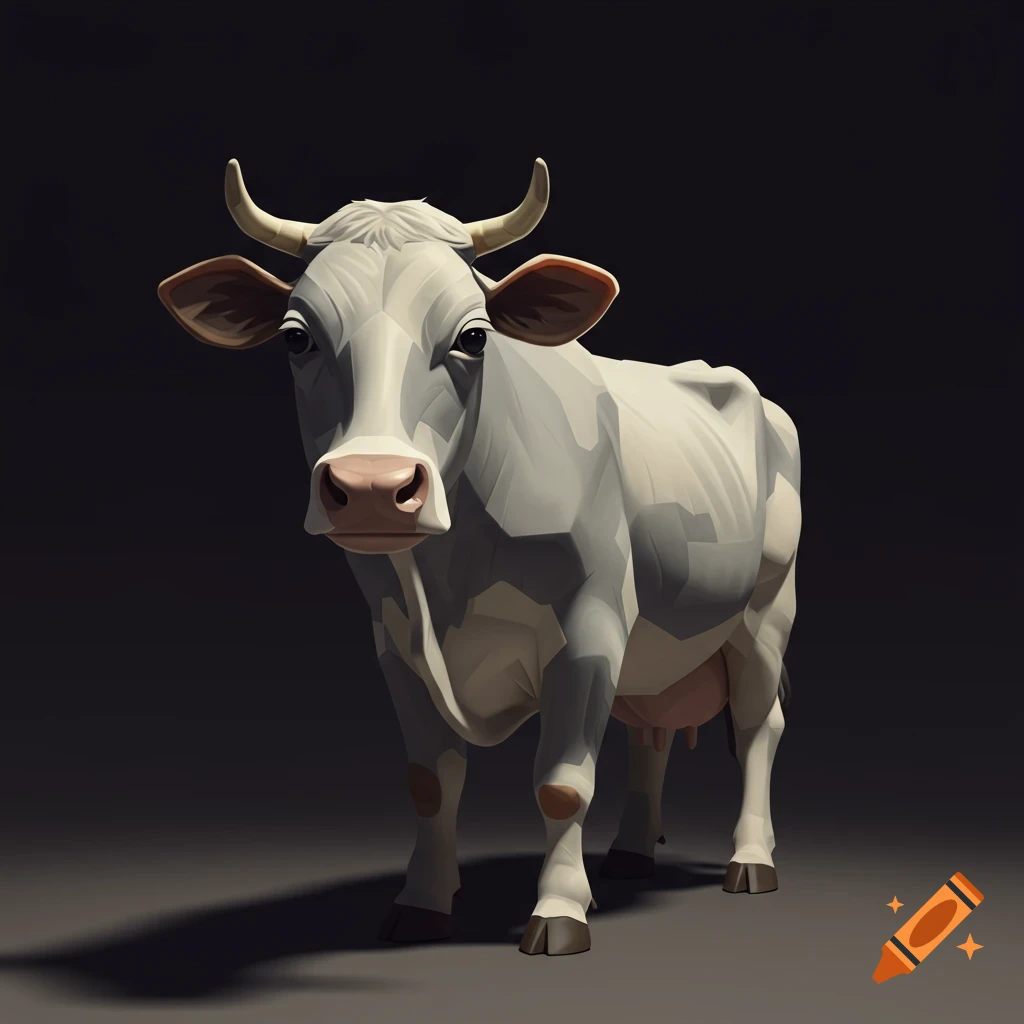 A white and grey stylized cow with horns stands against a dark background, looking forward.