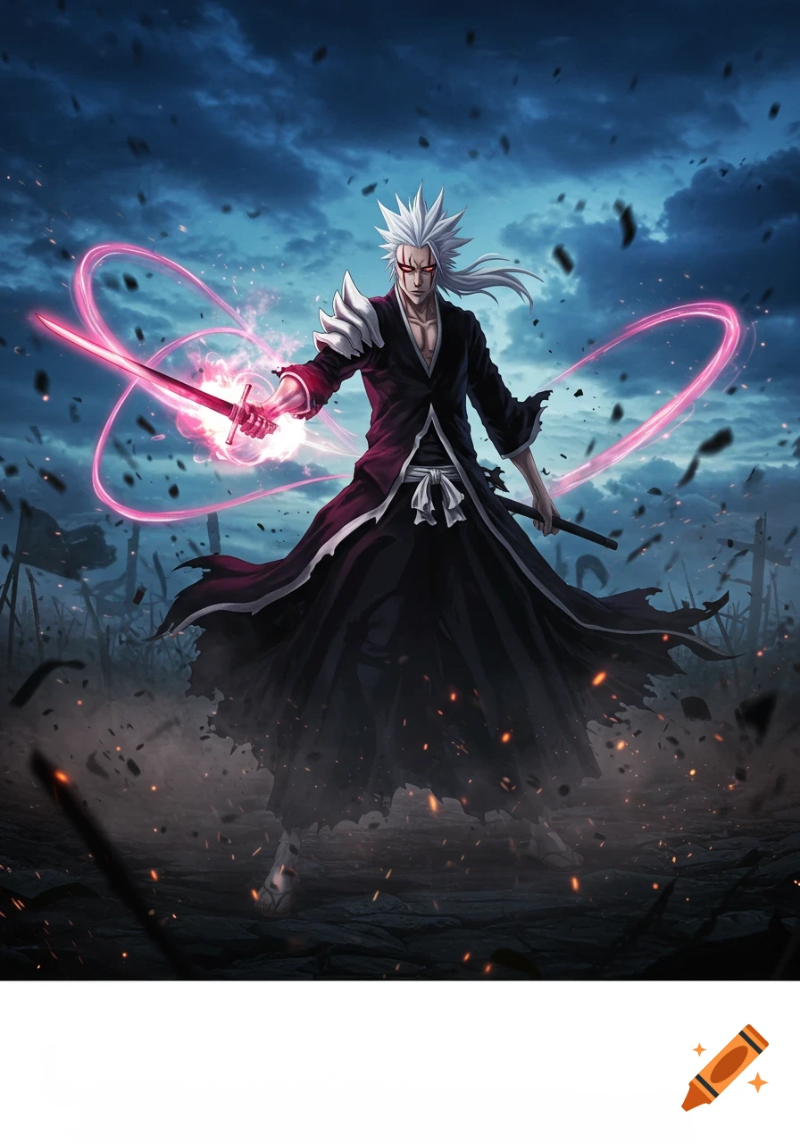 An anime character with white spiky hair and red eyes, wearing a black robe, holds a glowing pink sword against a stormy sky with debris.