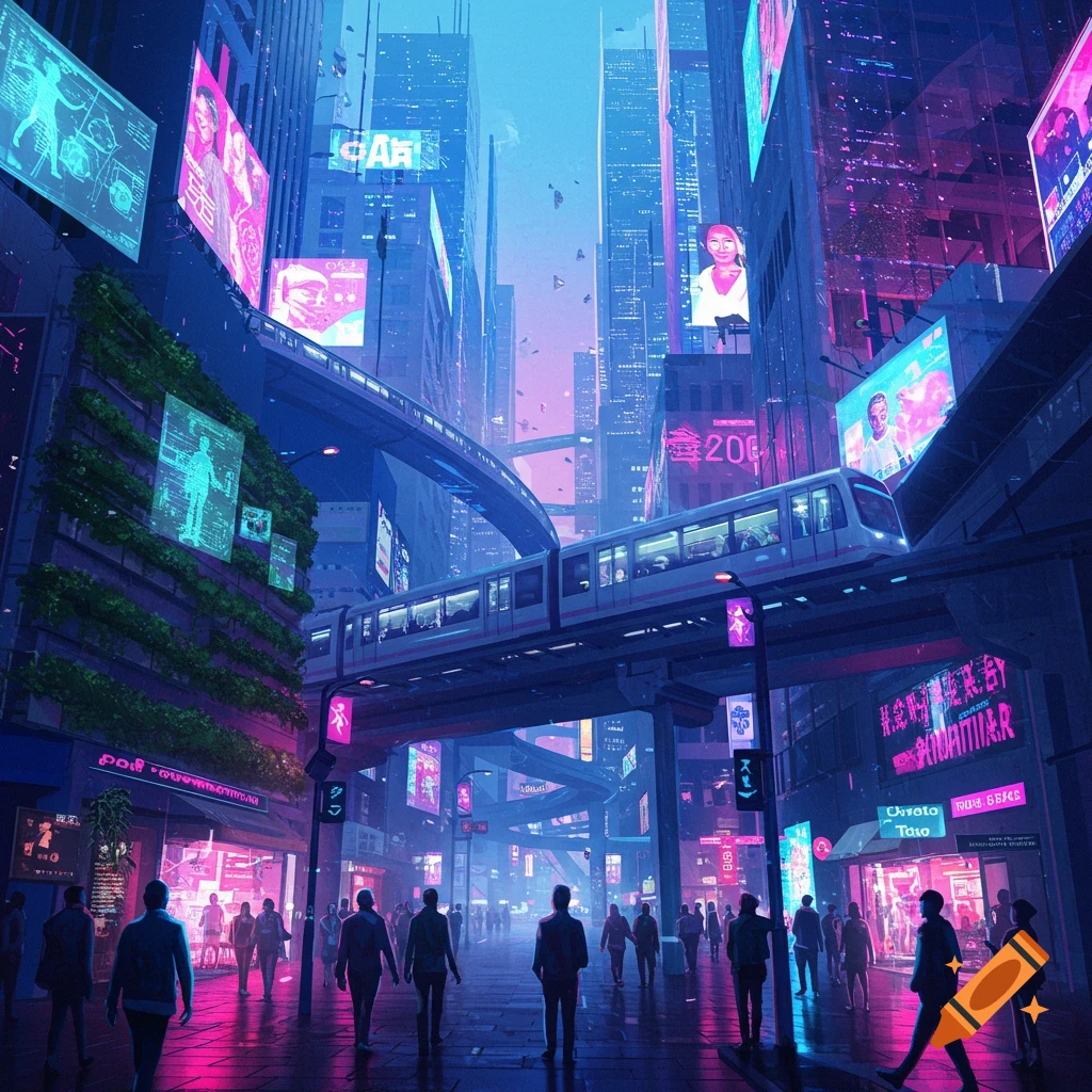 A vibrant cyberpunk city street at night, with towering skyscrapers, neon signs, an elevated train, and many people walking below.