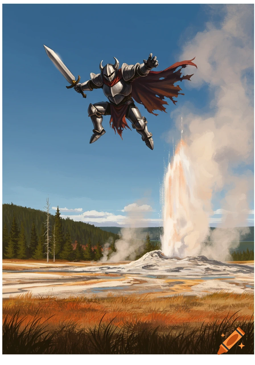 A horned knight in silver armor and a tattered red cape jumps over a geyser in a vibrant natural landscape.
