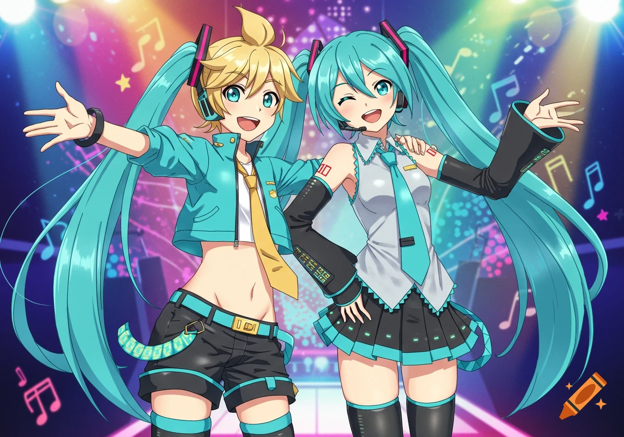 Two anime characters, one blonde and one with blue pigtails, pose on a vibrant stage with musical notes and lights.