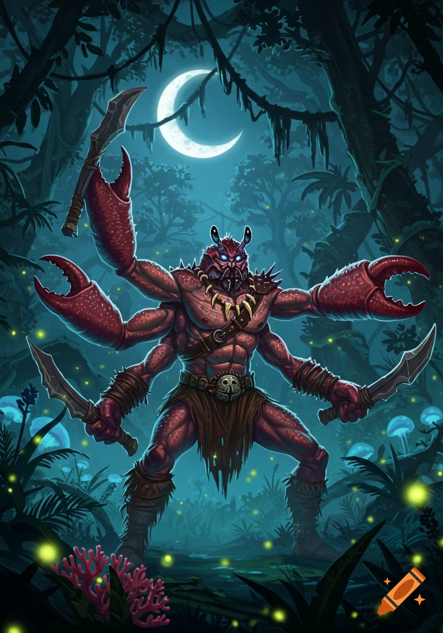 A four-armed red crab barbarian, wearing tribal gear and holding two knives, stands in a moonlit fantasy jungle with glowing mushrooms.