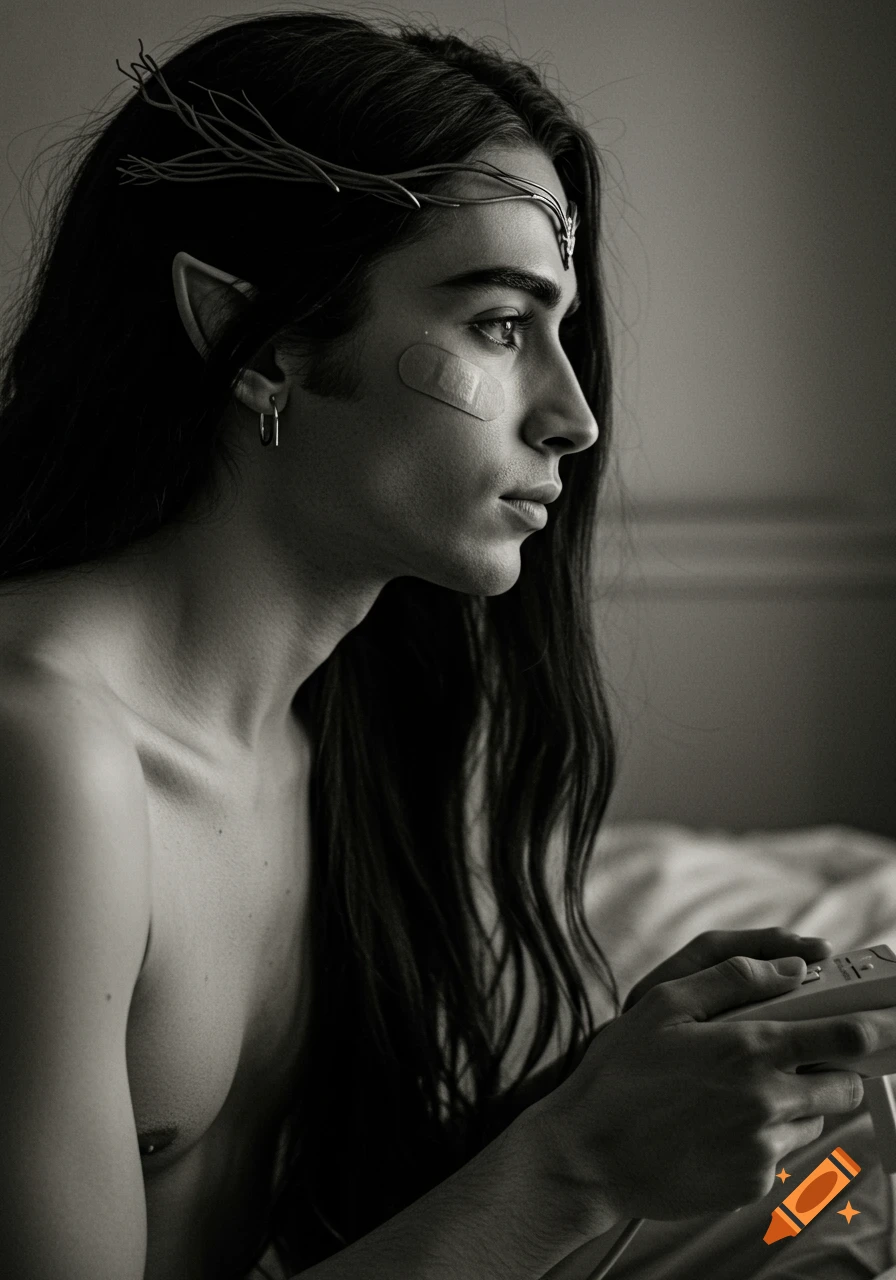 Black and white profile portrait of a person with long dark hair, elf ears, and a plaster on their cheek, holding a gaming controller.