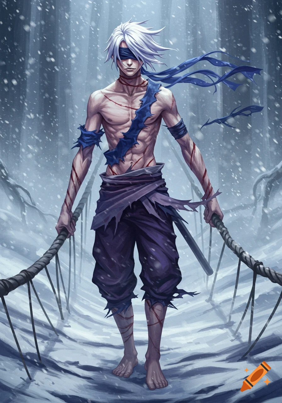 A lean, blindfolded anime man with white hair and scars stands barefoot on a rope bridge in a snowy forest, in a fantasy art style.